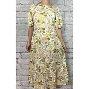 Pastel Floral Cottagecore Linen Blend Tie Back Midi Dress